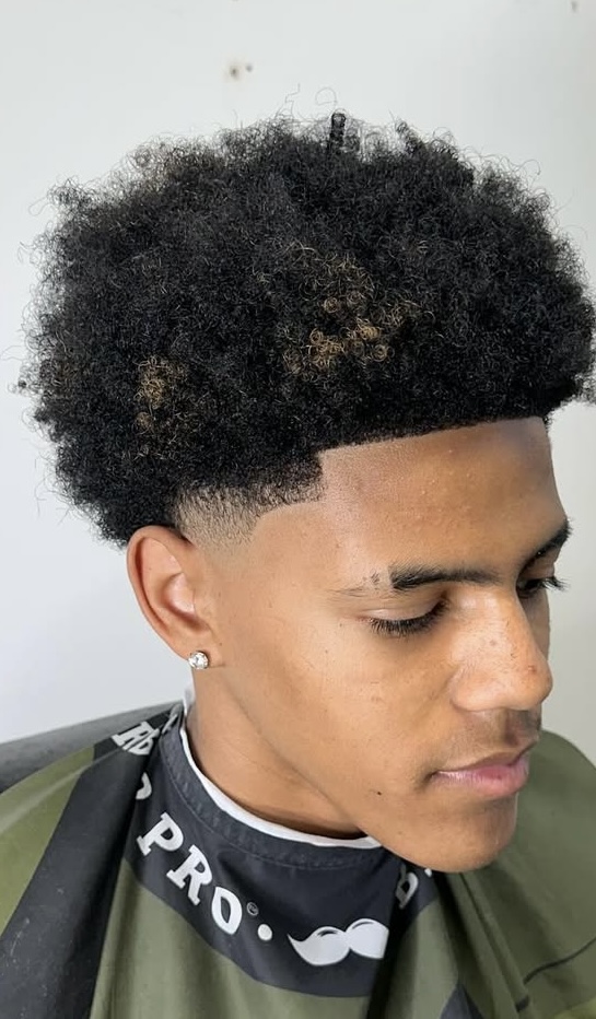 High top afro with temple fade and sharp lineup by Javistylz